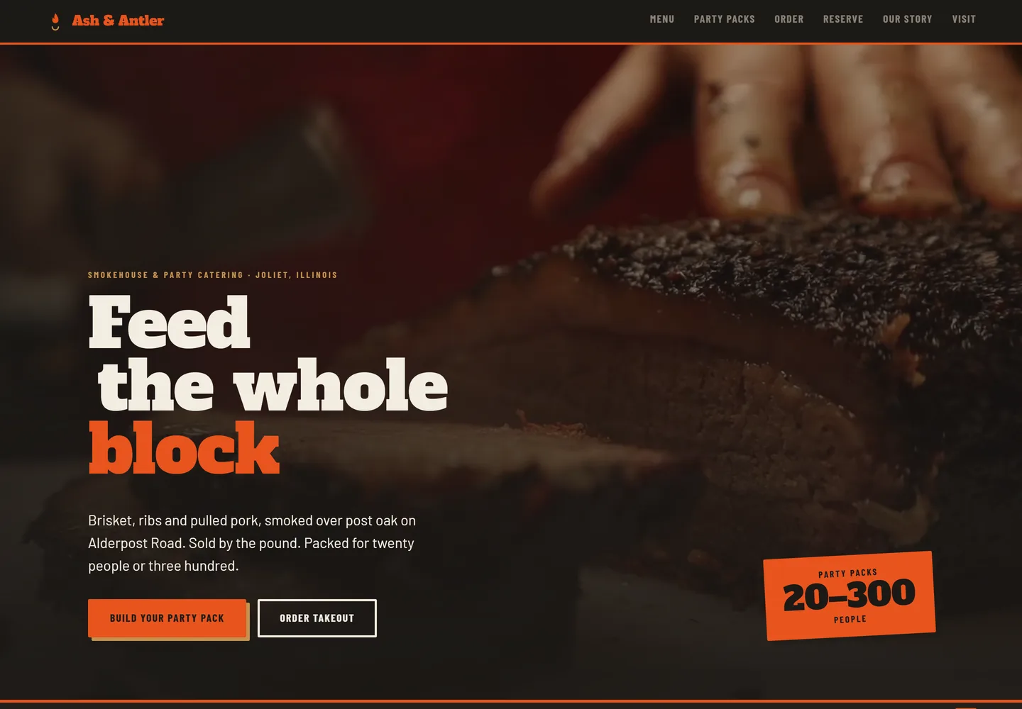 Homepage — a looping pit hero, the three meats, a day-at-the-pit timeline running over a second clip, and sample reviews from people who hosted.