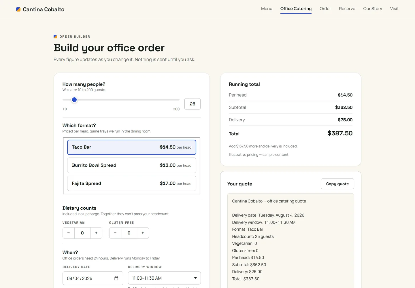 The Office Catering page — the order builder. Headcount, format, dietary counts and a delivery window, resolving to a running total and a quote with a copy button.