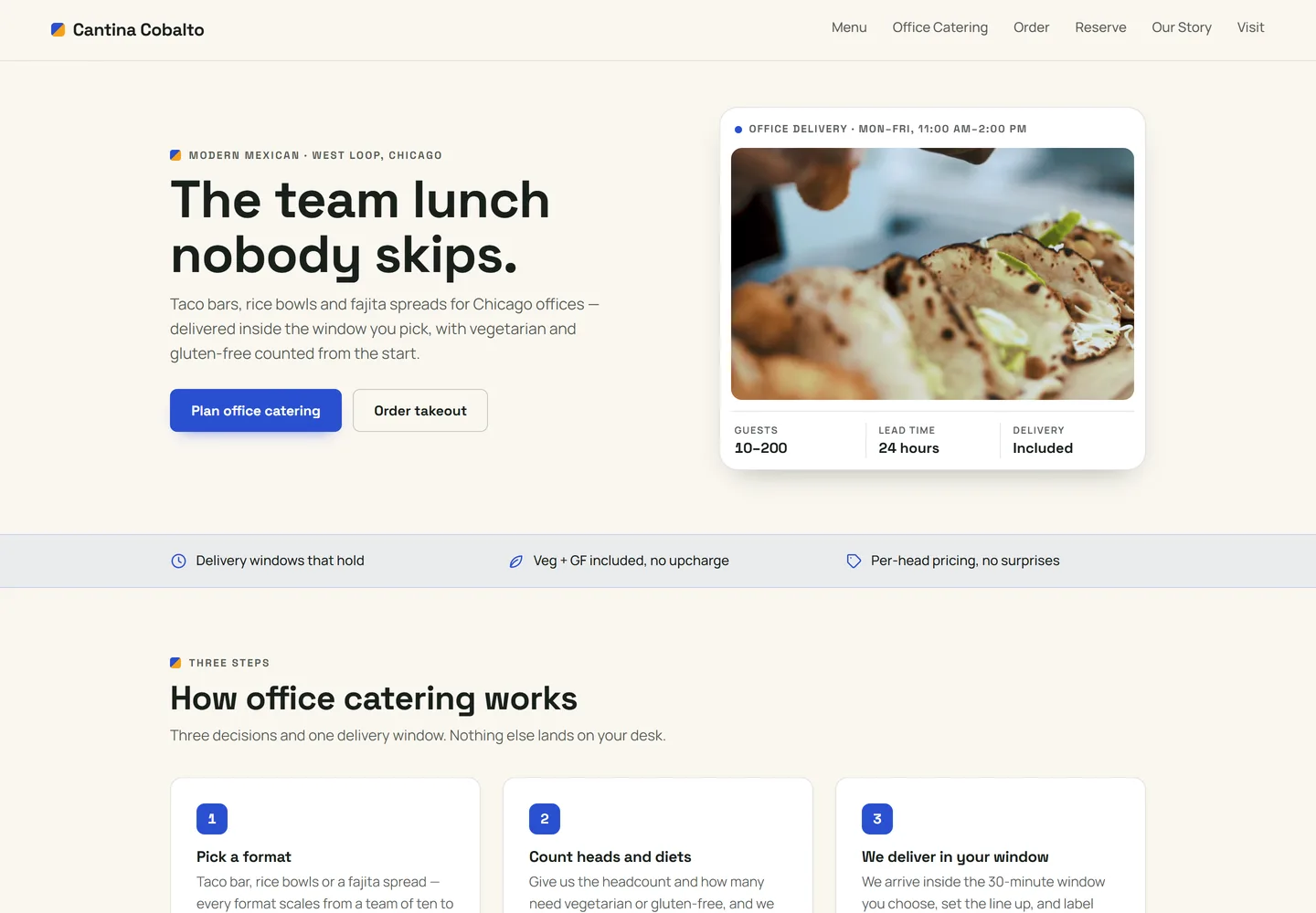 Homepage — a looping hero, office catering explained in three steps, the four things offices order most, and sample reviews from the people who booked them.