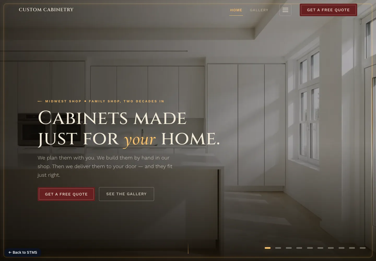 Homepage — hand-drawn hardware and blueprint motif, real shop photography, and a system-aware light/dark mode.