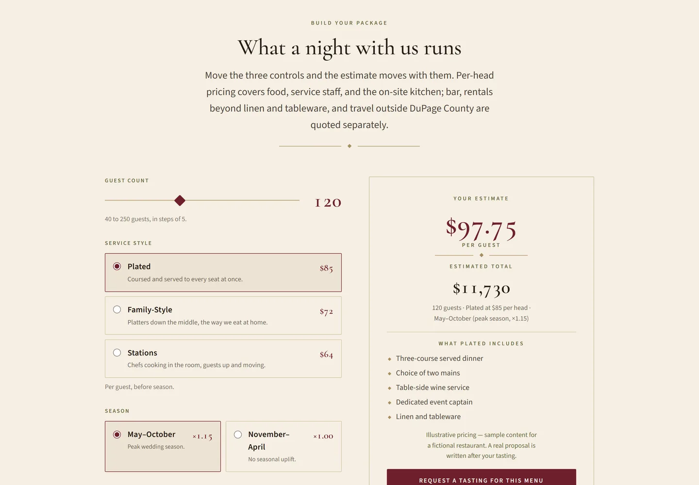 The Weddings & Events page — the package configurator. Guest count, service style and season, resolving to a per-head figure and an estimated total that move as you adjust them.