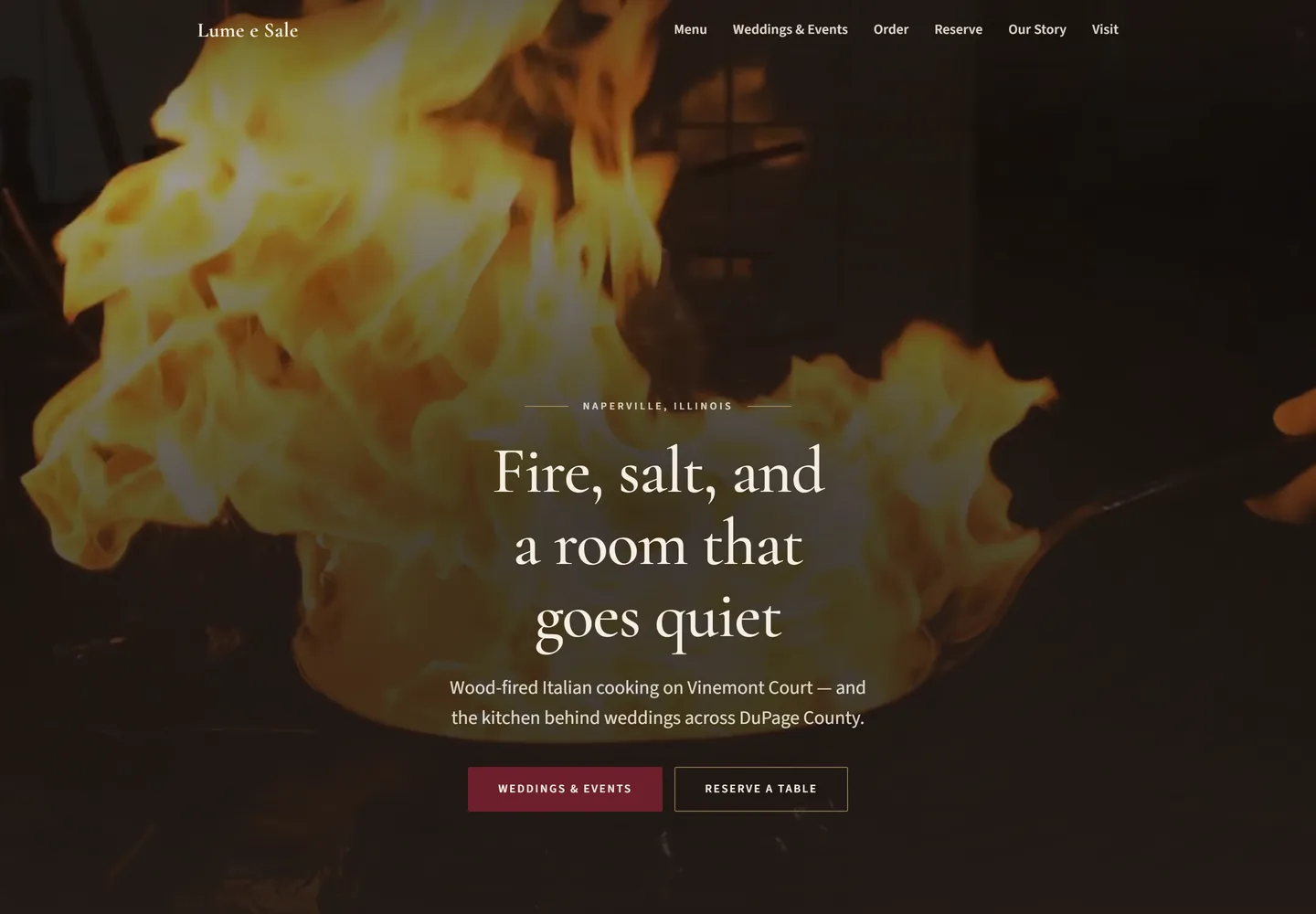 Homepage — a looping wood-fire hero, three signature plates, the weddings band, and sample reviews from couples and their planners, all on one scroll.
