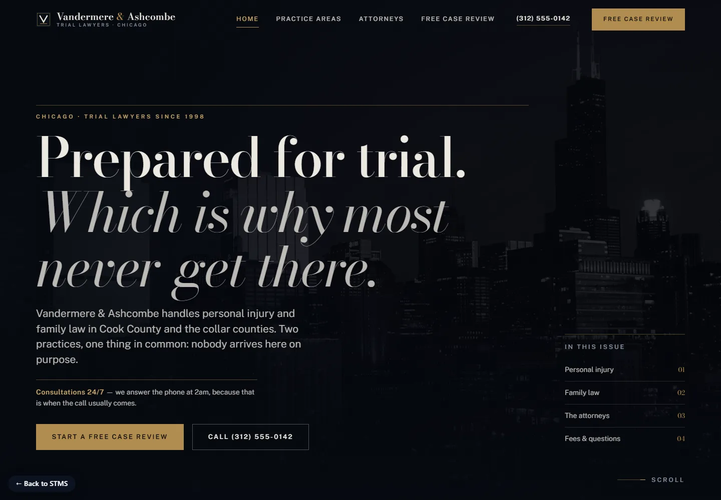 Homepage — the practice-area switch. Two tabs, Personal Injury and Family Law, operable by mouse or arrow keys, each with its own panel of copy.