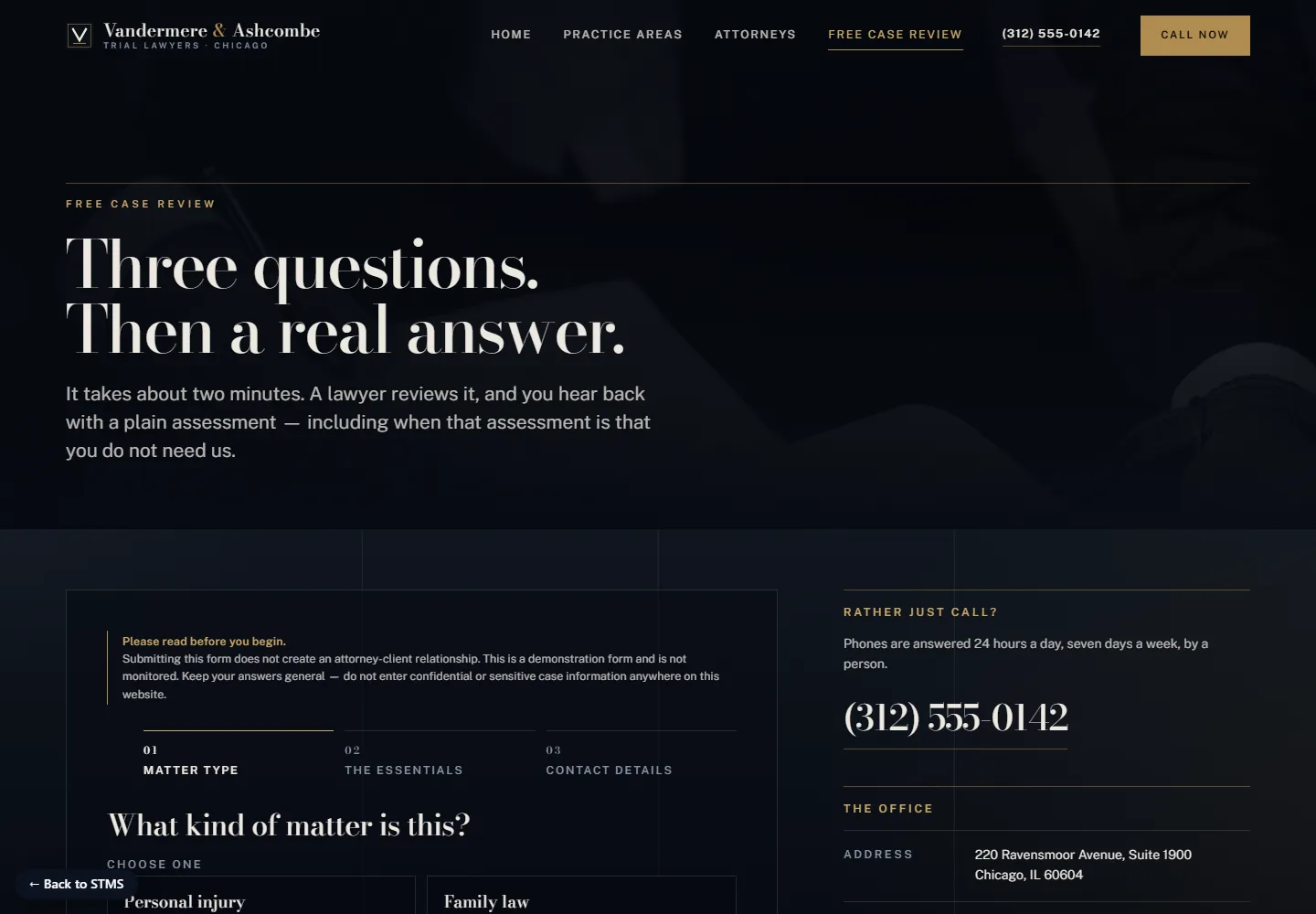 The three-step case-review intake — what kind of matter, what happened and who’s already involved, then how to reach you. One group of questions at a time, with a step counter the whole way.
