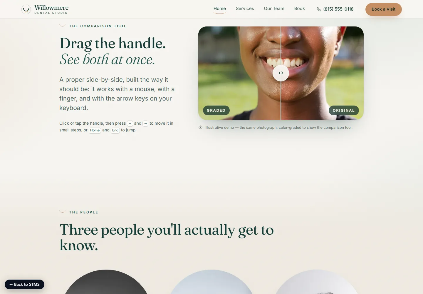 The before/after comparison slider — drag the handle or use arrow keys. The halves are labelled honestly: the "before" is the same photo colour-graded duller, and the site says so.