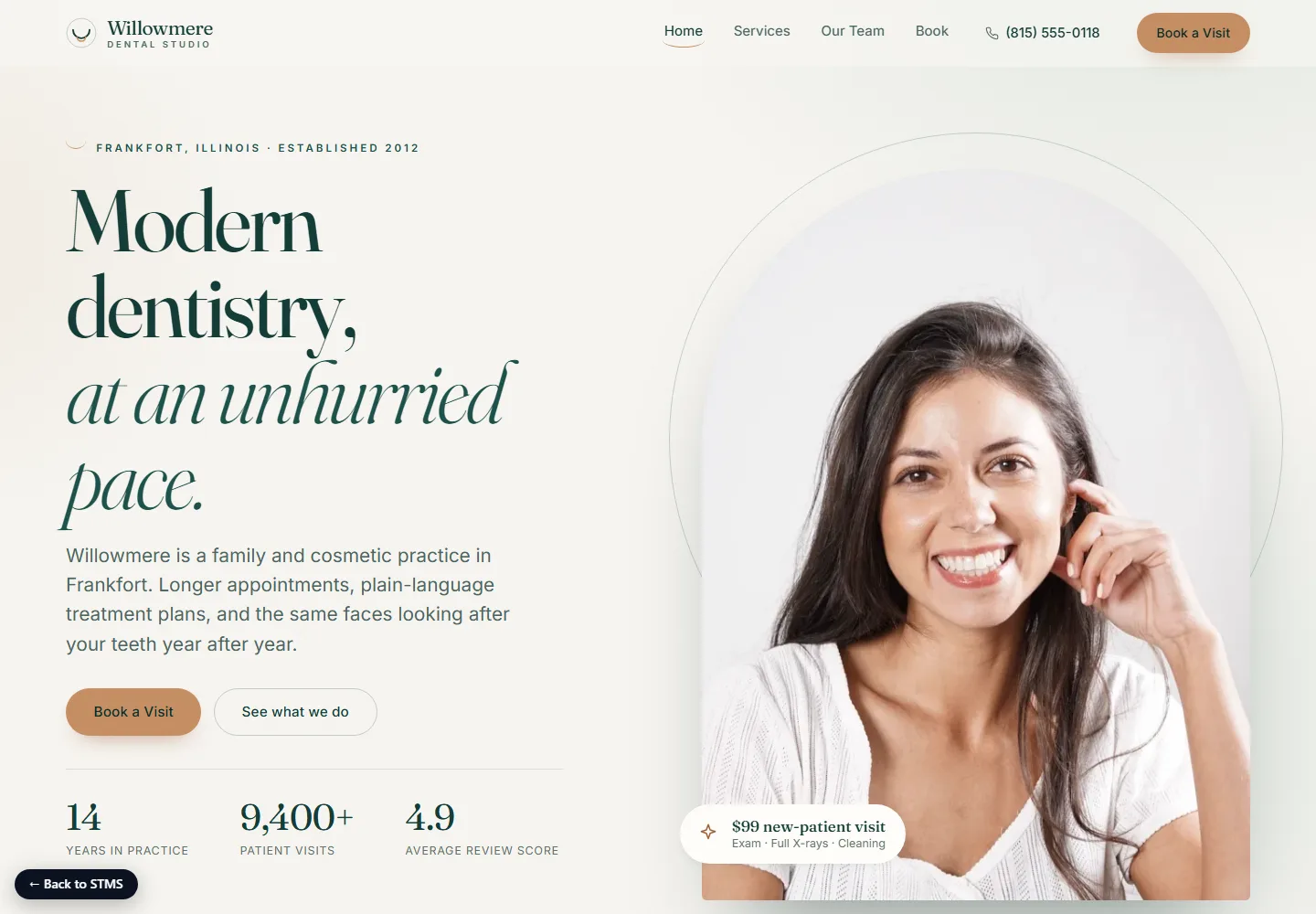 Homepage — full-photo hero, the five services, the three-person team, and a first-visit offer, all on one scroll.