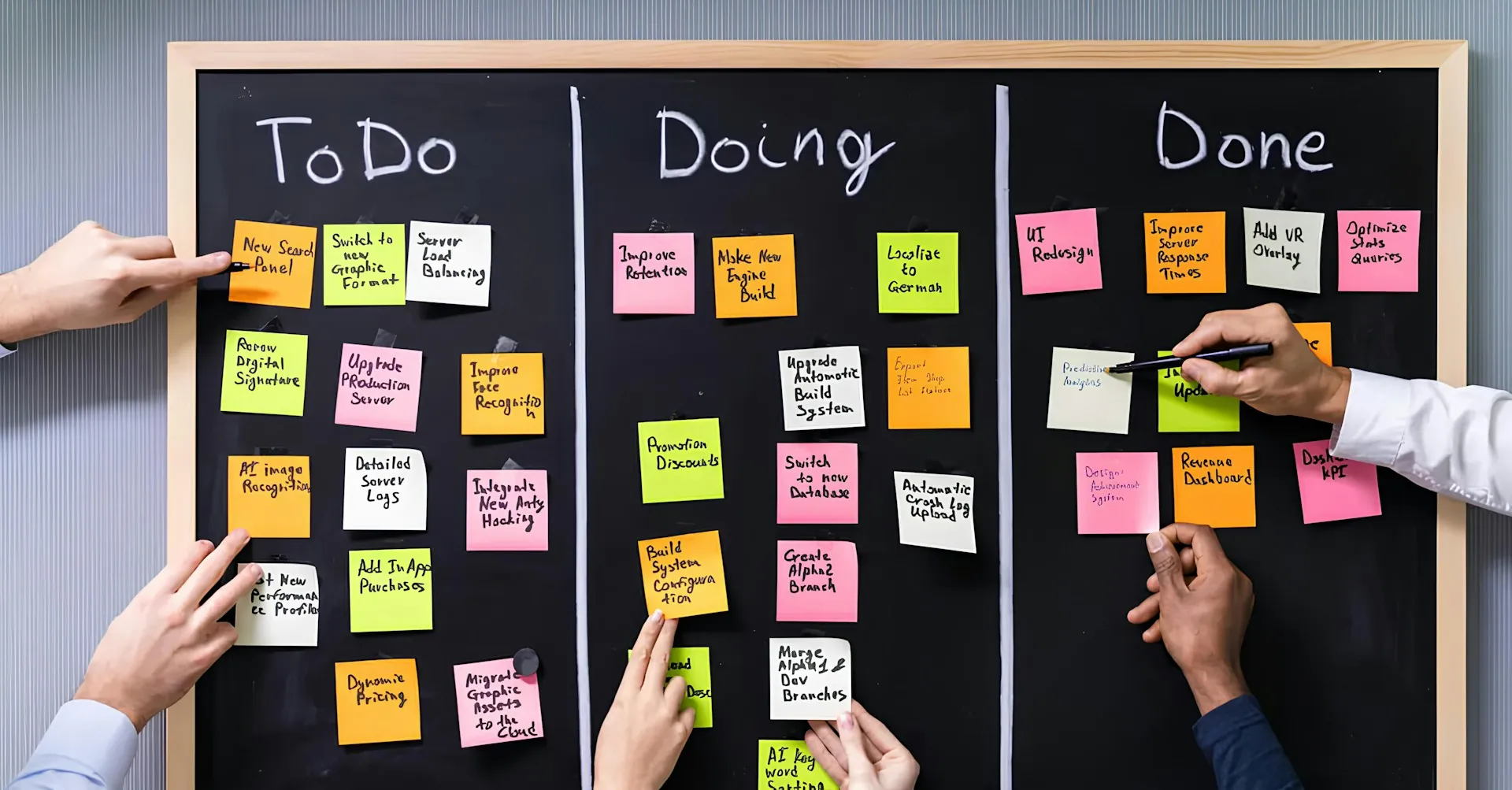 Hands moving sticky notes across a To Do, Doing and Done board.