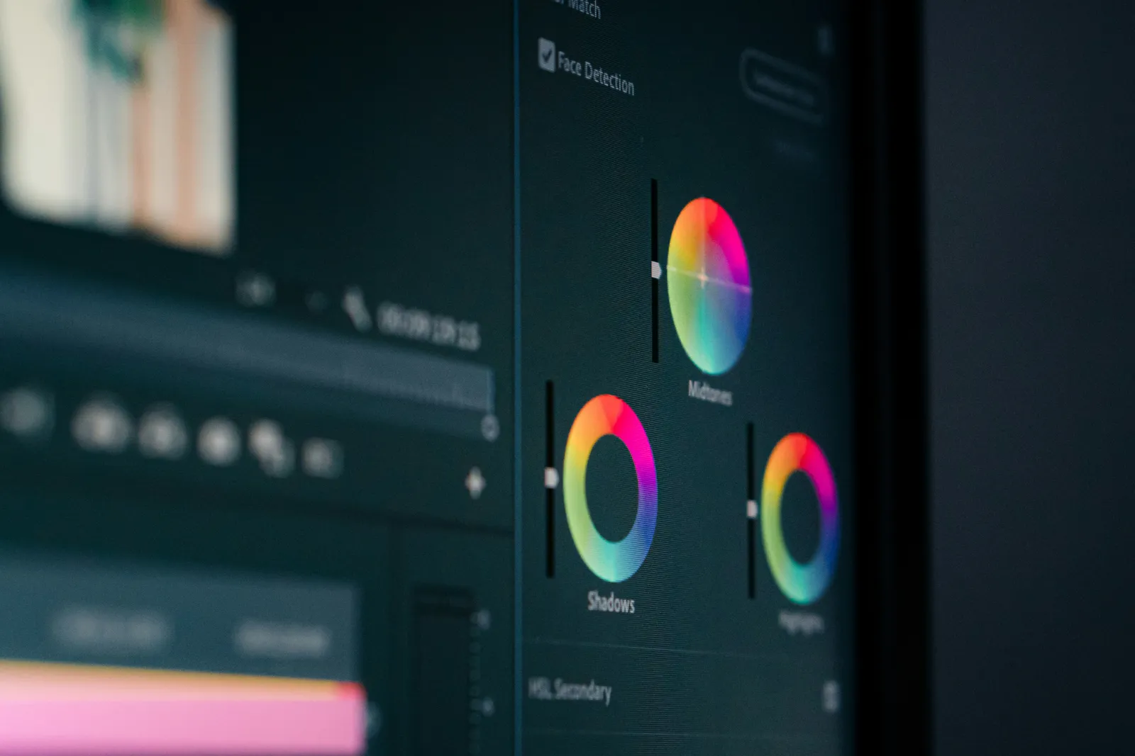 Colour grading wheels open on an editing timeline.